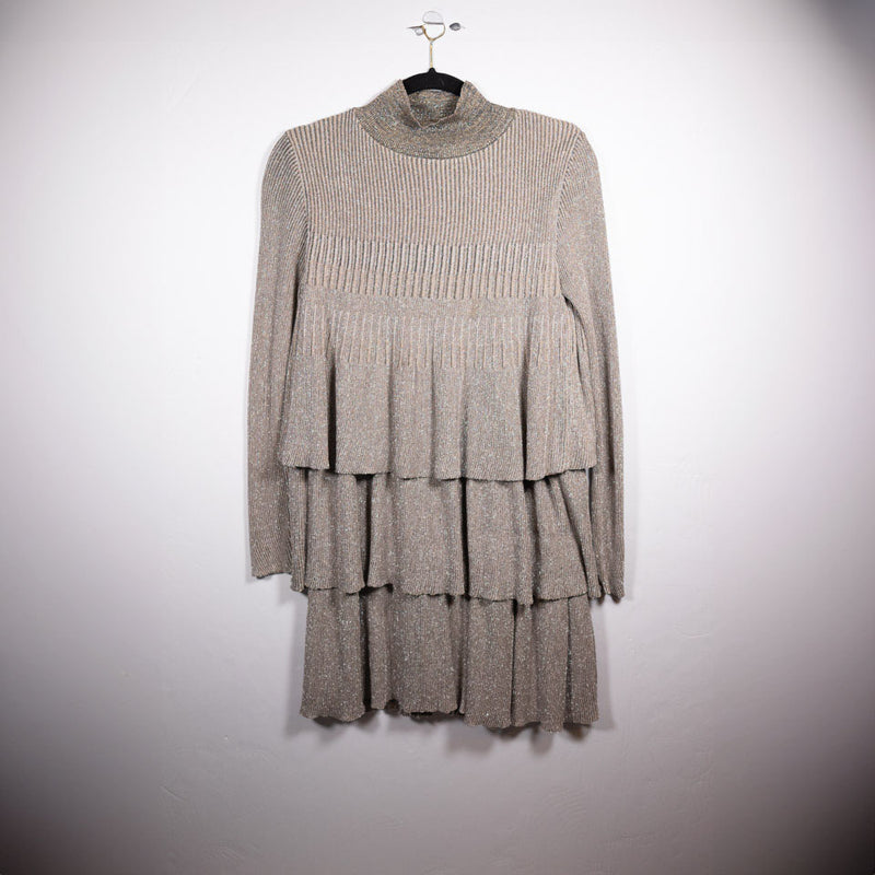 Zara Gold Metallic Knit Stretch Mock Neck Tiered Ruffle Pullover Sweater Dress M