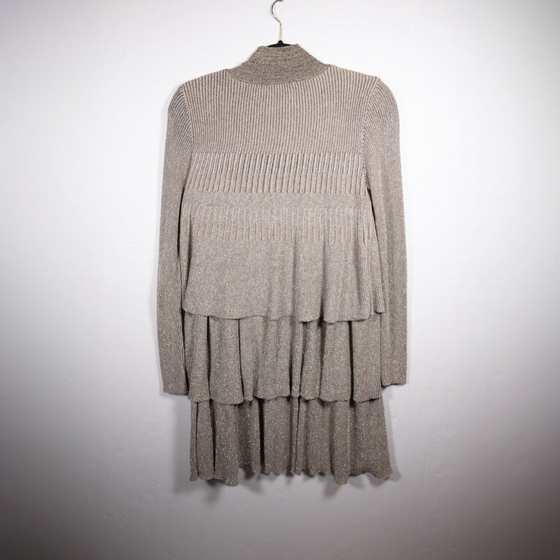 Zara Gold Metallic Knit Stretch Mock Neck Tiered Ruffle Pullover Sweater Dress M