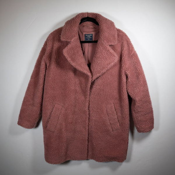 Abercrombie & Fitch Faux Vegan Shearling Teddy Collared Overcoat Jacket Mauve S