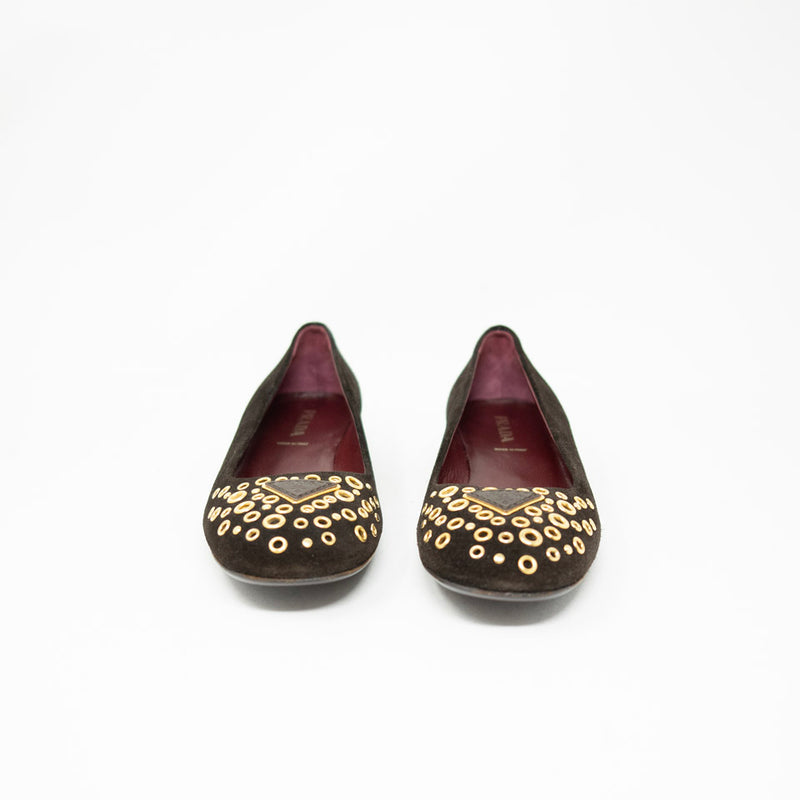 Prada Women's Genuine Suede Grommet Studded Embellished Logo Ballet Flats Shoes 