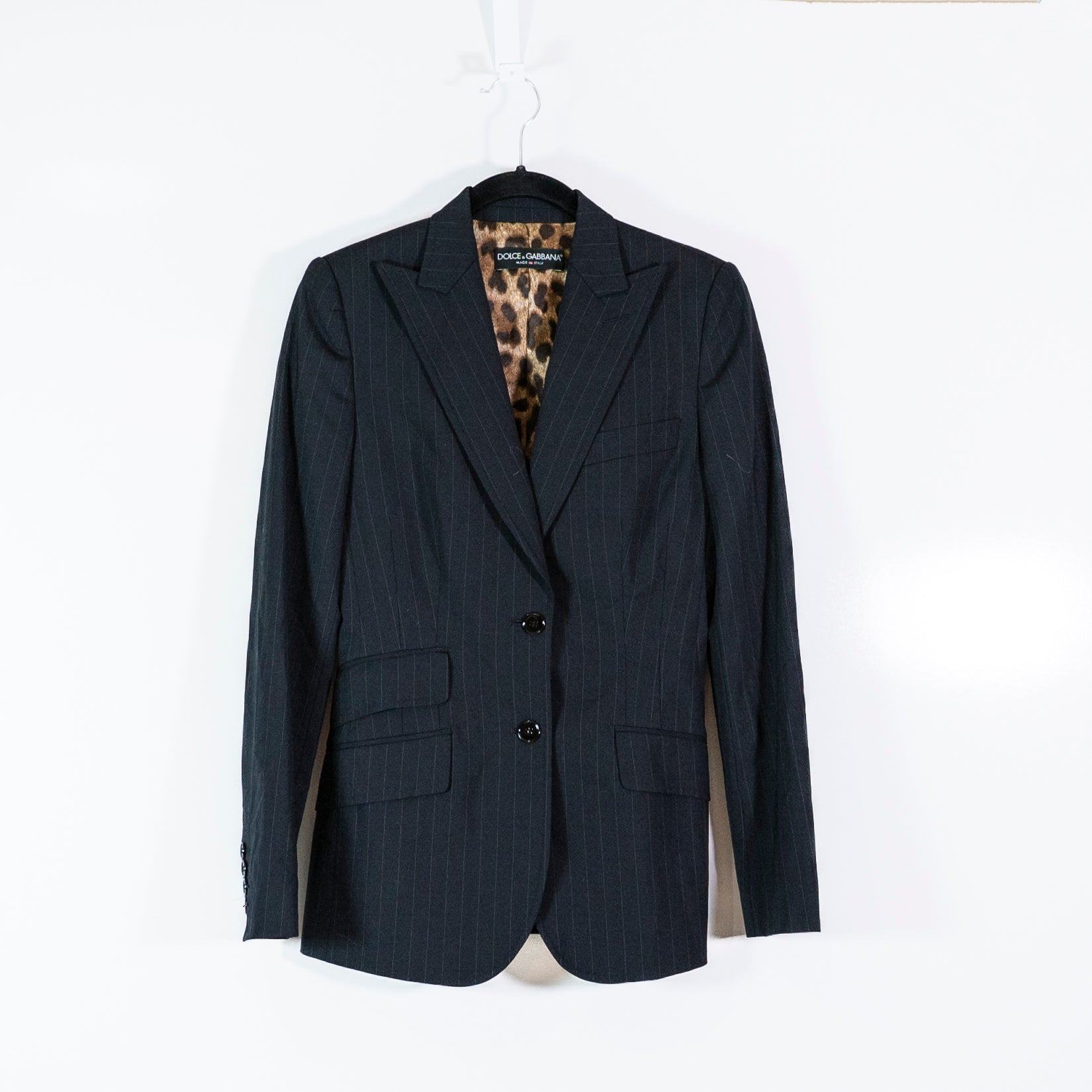 Dolce & Gabbana Made In Italy Wool Pin Stripe Leopard Lined Blazer Jacket 38/S
