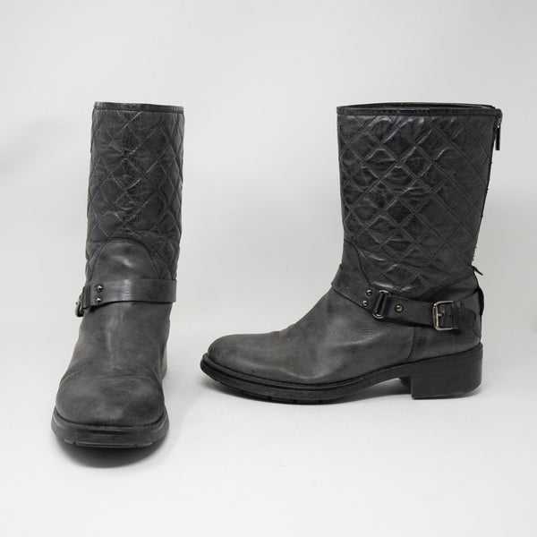 Aquatalia Genuine Leather Combat Moto Quilted Buckle Detail Boots Black Silver