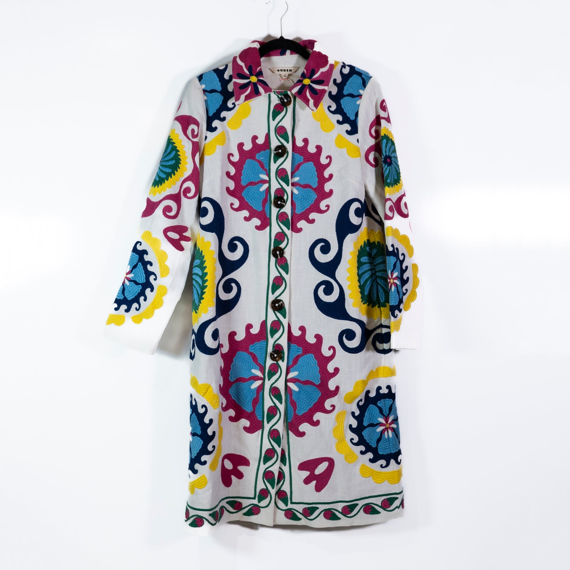 Boden Abstract Embroidered Cotton Souvenir Coat Multi Ornamental Wave in Blue 4