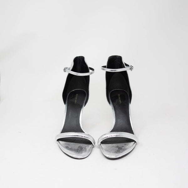 NEW AllSaints Avia Metallic Silver Genuine Leather Open Toe Stiletto High Heels