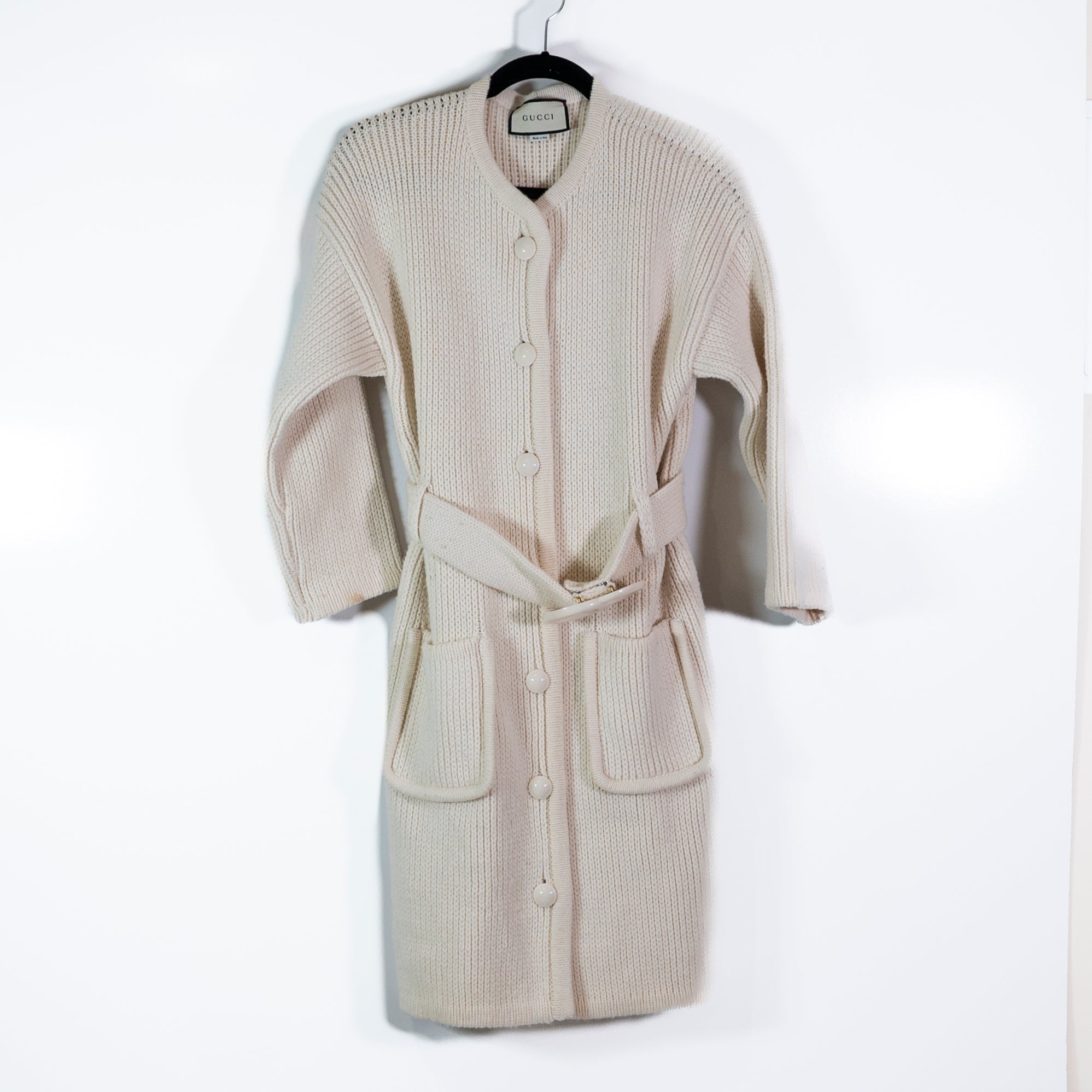 Gucci Made In Italy Wool Knit Crochet Logo Belted Mid Length Cardigan Sweater M