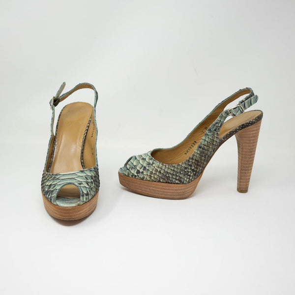 Stuart Weitzman Genuine Leather Snake Python Embossed Peep Toe High Heels Shoes