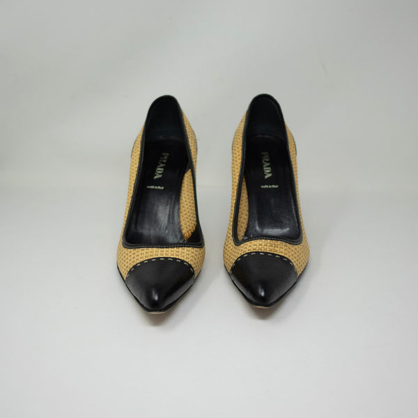 Prada Woven Raffia Genuine Leather Cap Toe High Heels Pumps Shoes Neutral Black