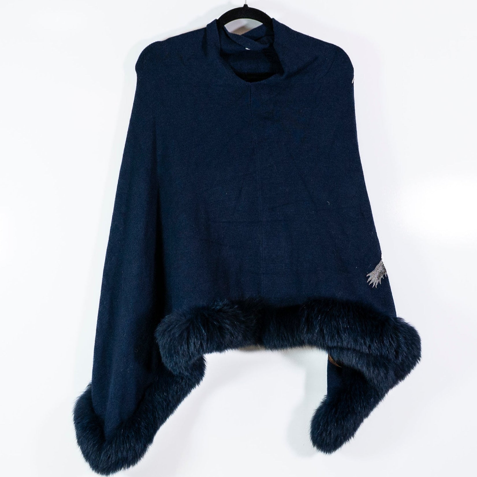 La Fiorentina Genuine Fox Fur Trim Knit Stretch Bird Embroidered Poncho Sweater