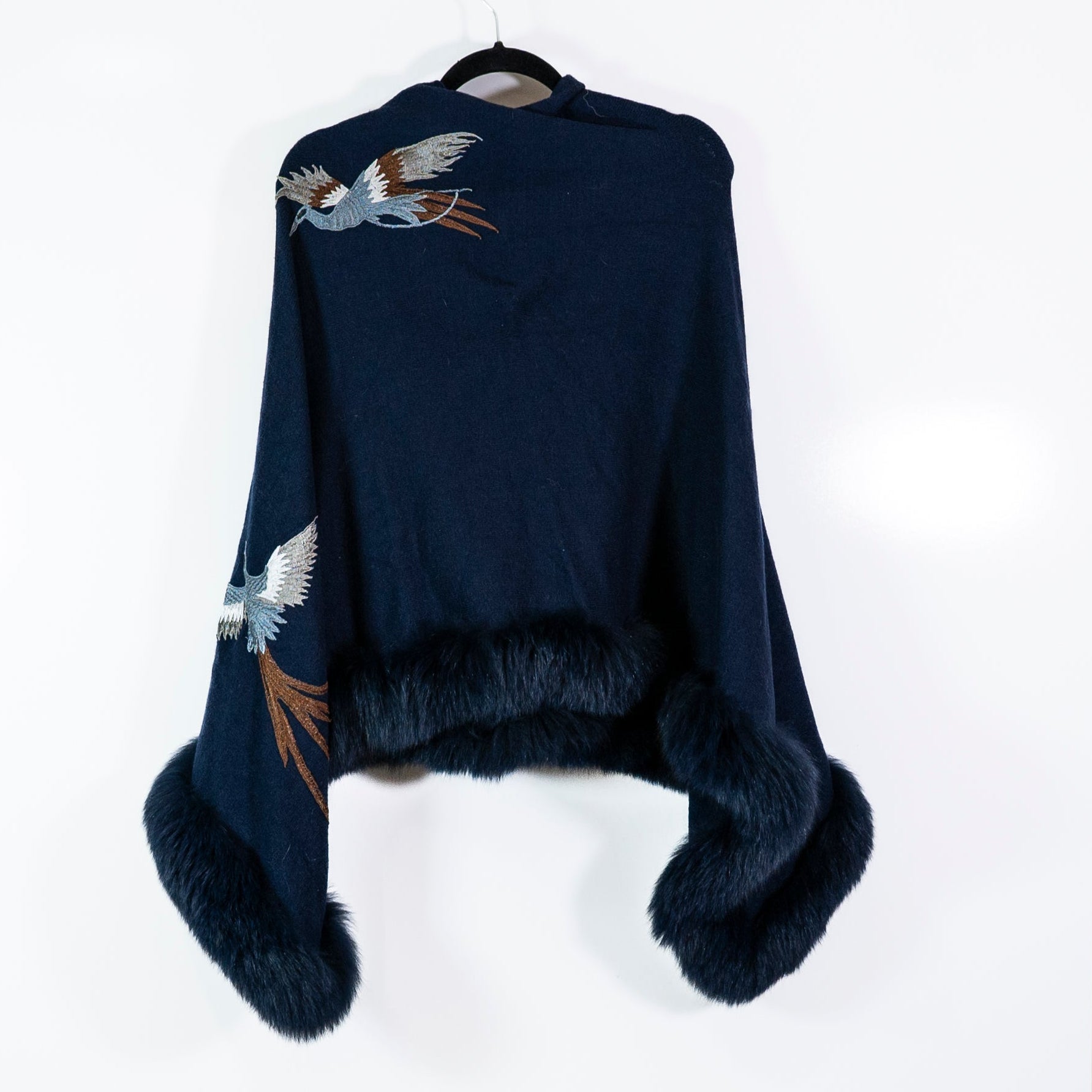 La Fiorentina Genuine Fox Fur Trim Knit Stretch Bird Embroidered Poncho Sweater