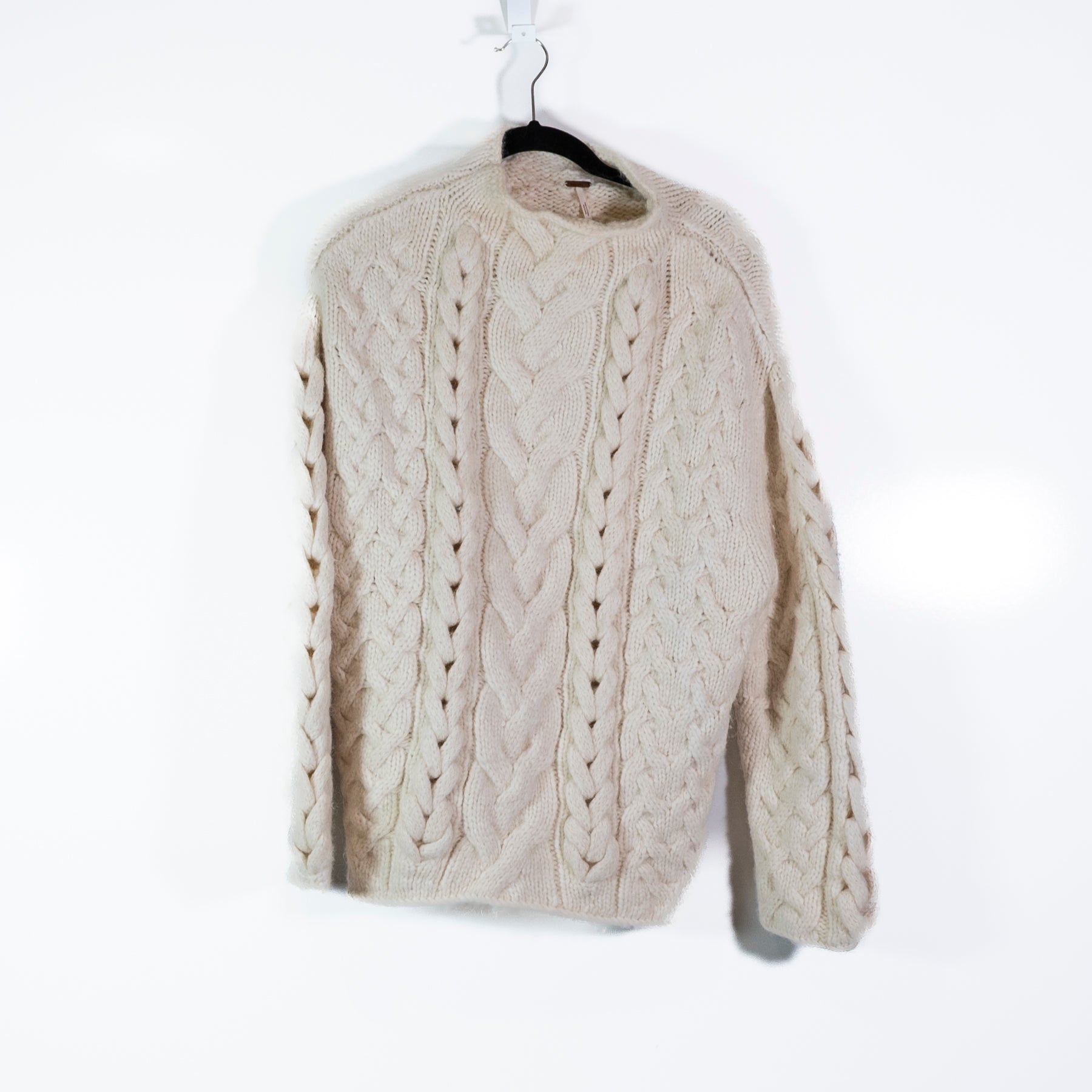 Free People Alpaca Wool Chunky Cable Knit Collarless Pullover Sweater Ivory XS