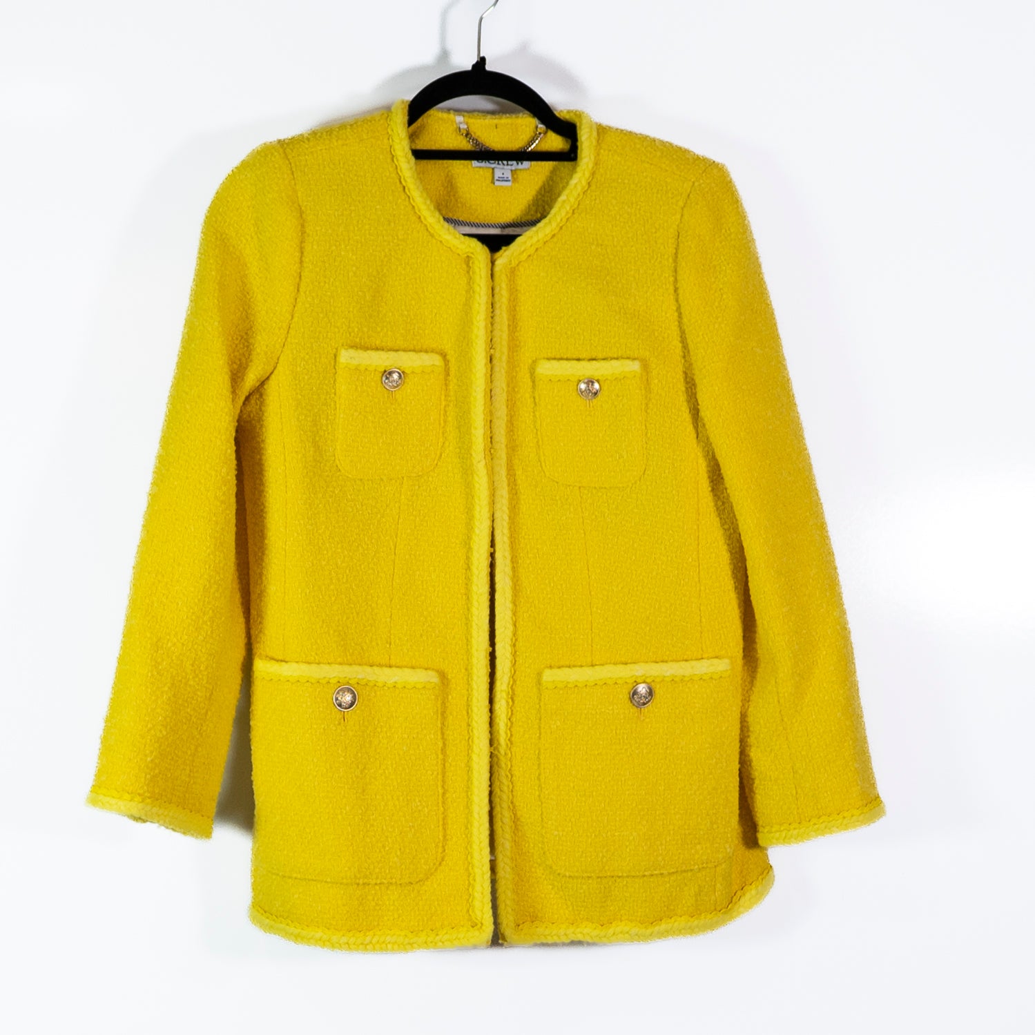 J. Crew Long Lady Jacket Wool Blend Boucle Textured Collarless Blazer Yellow 4