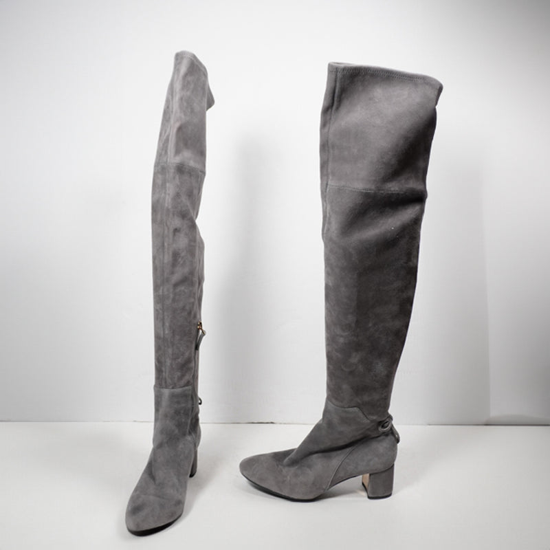 Tory Burch Laila Genuine Suede Over The Knee Block Heel Boots Shoes Gray 7
