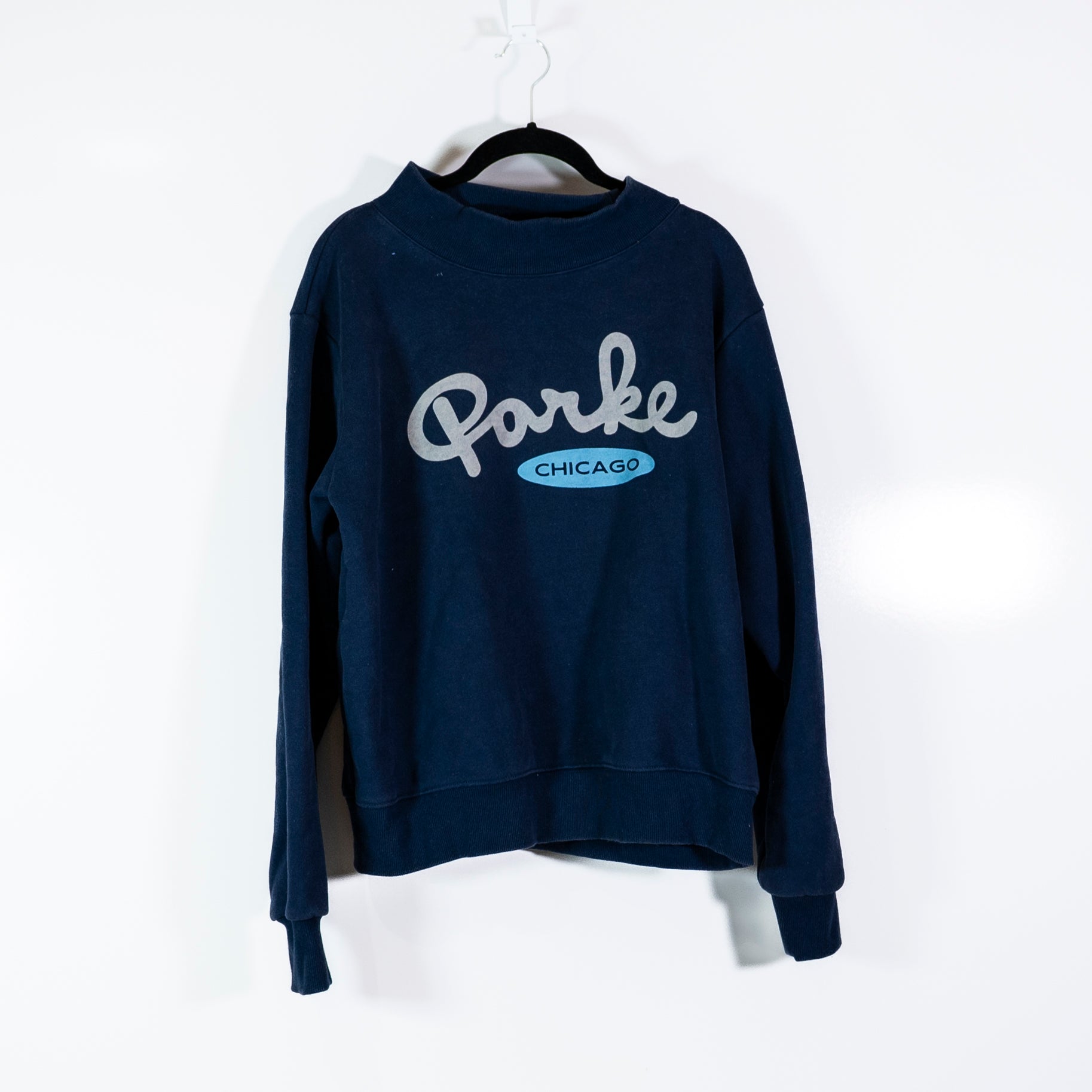 Parke Chicago Graphic Logo Signature Mockneck Sweater Sweatshirt Denim Blue S/M