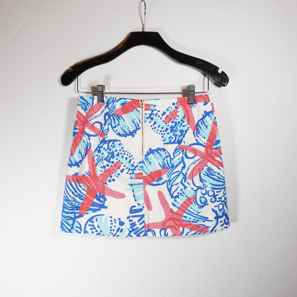 Lilly Pulitzer Tate Cotton Textured She She Shells Starfish Print Mini Skirt 00
