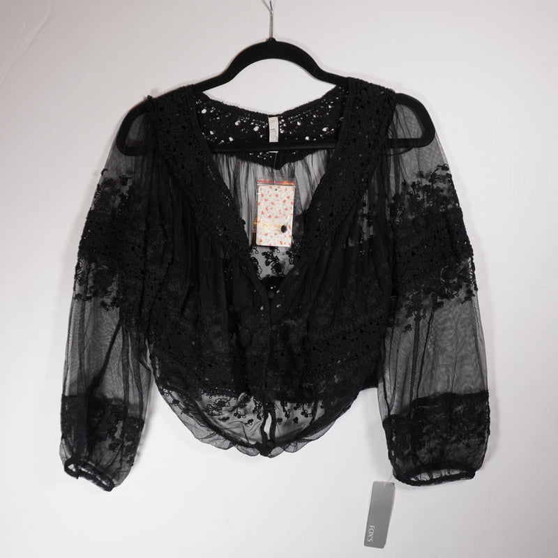 NEW Free People Sheer Mesh Chiffon Floral Lace Applique Embroidered Blouse Shirt