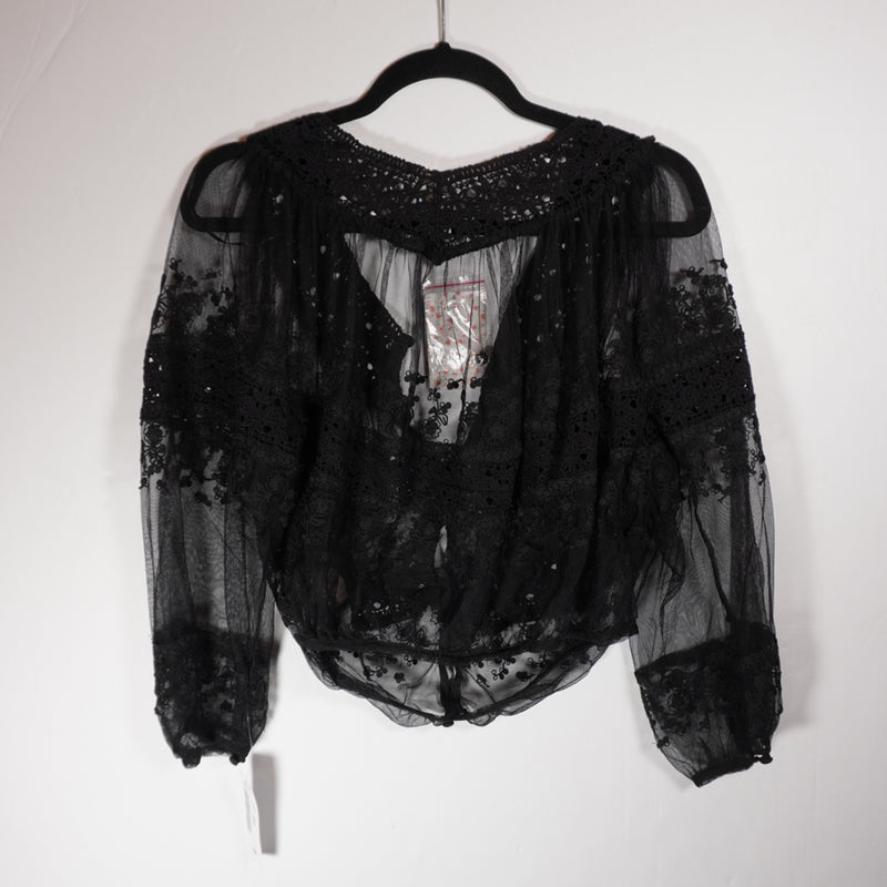 NEW Free People Sheer Mesh Chiffon Floral Lace Applique Embroidered Blouse Shirt