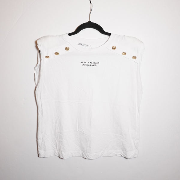 Zara I Want To Float In The Sea Graphic Print Button Shoulder Pad Tee Shirt Top