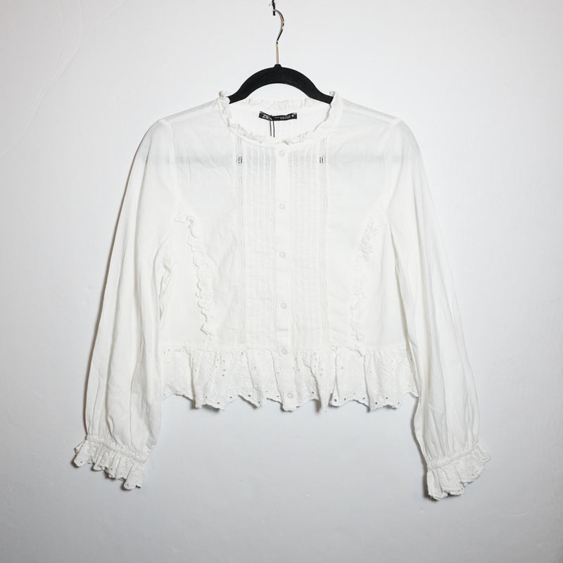 NEW Zara Cotton Eyelet Lace Ruffle Button Front Long Sleeve Shirt White M