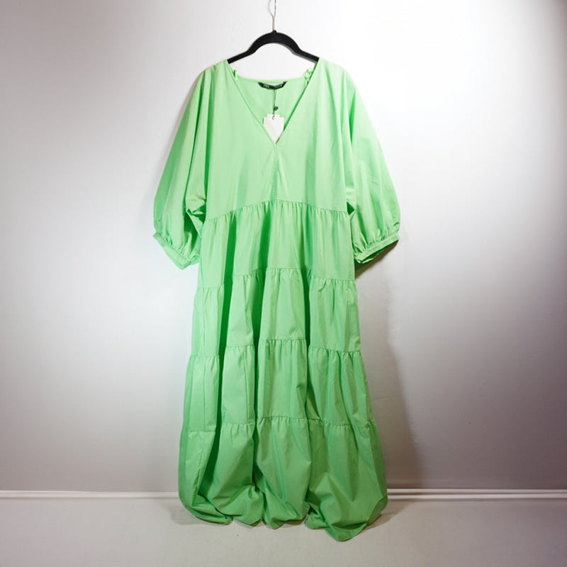 NEW Zara Neon Green Oversize Quarter Sleeveless V Neck Tiered Long Maxi Dress M