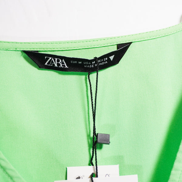 NEW Zara Neon Green Oversize Quarter Sleeves V Neck Tiered Long Maxi Dress M