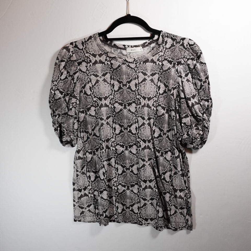 A.L.C. Kati Puff Sleeve Cotton Snake Python Animal Print Tee Shirt Blouse M