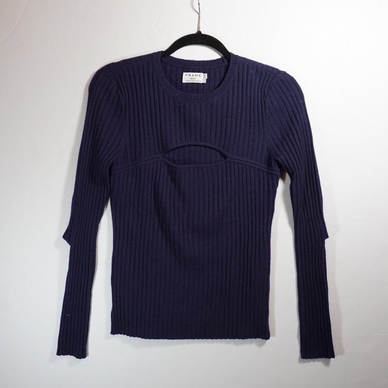 Frame Merino Wool Ribbed Knit Stretch Cut Out Peek A Boo Pullover Sweater Blue S