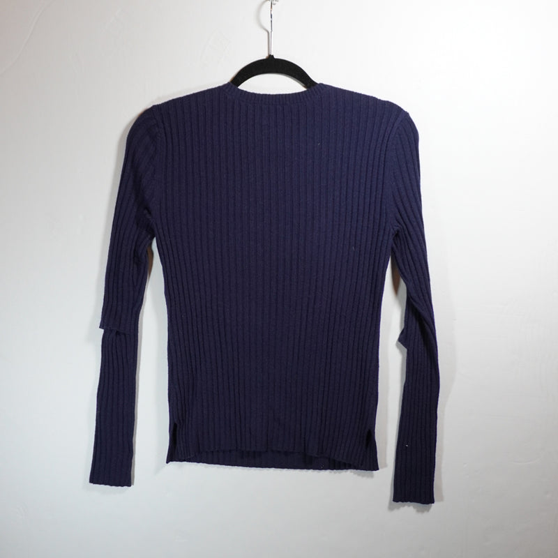 Frame Merino Wool Ribbed Knit Stretch Cut Out Peek A Boo Pullover Sweater Blue S