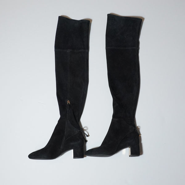 Tory Burch Laila Genuine Suede Leather Over The Knee Block Heel Boots Black 5