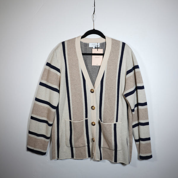 NEW La Ligne Playa 100% Cashmere Knit Heather Cream Tan Navy Stripe Cardigan L