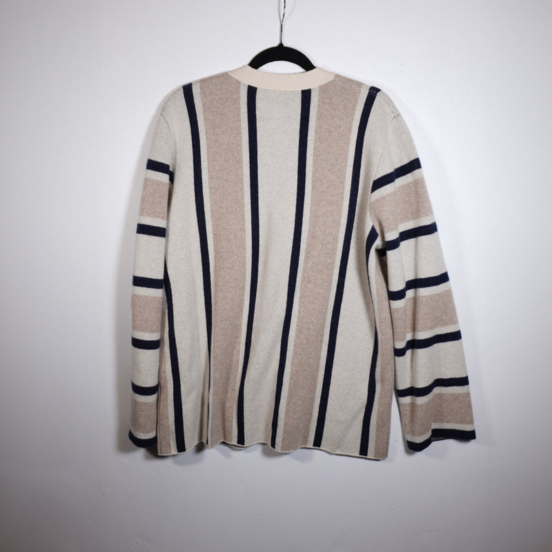 NEW La Ligne Playa 100% Cashmere Knit Heather Cream Tan Navy Stripe Cardigan L