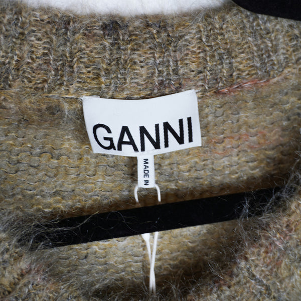 NEW Ganni Brushed Mohair Wool Blend Knit Button Cardigan Sweater Petrified Oak L