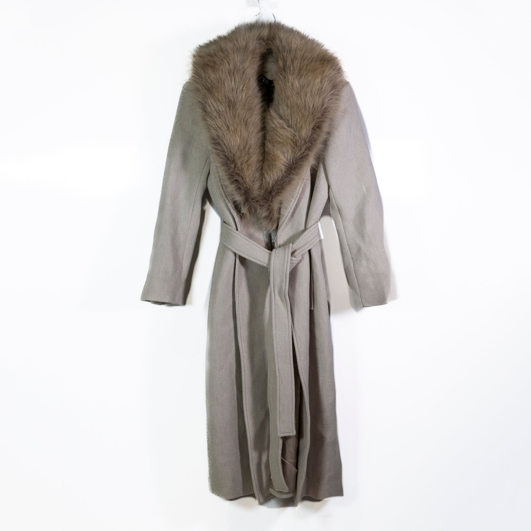 NEW Zara Manteco Italian Fabric Faux Vegan Fur Collar Belted Jacket Coat Medium