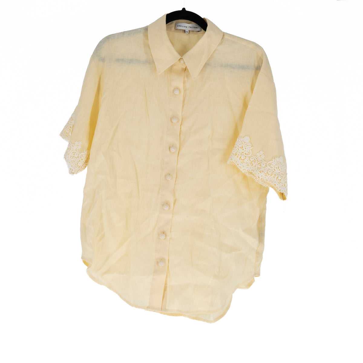 NEW English Factory Linen Embroidered Lace Collared Button Down Blouse Butter XS