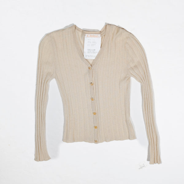 Chloe Cashmere Silk Ribbed Knit Stretch Button Front Cardigan Sweater Ivory S