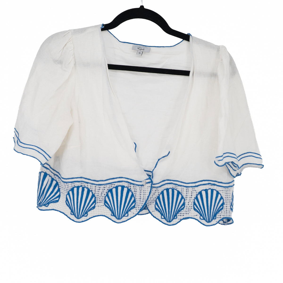 Rails Venice Cotton Linen White Blue Seashell Embroidered Crop Top Blouse XS