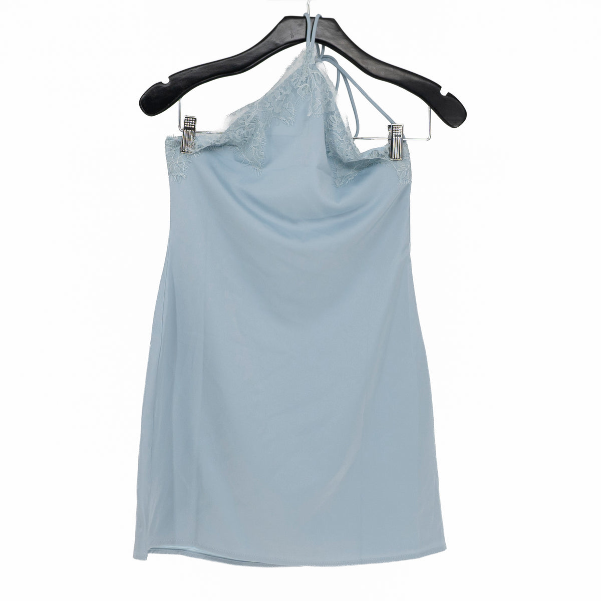 Peppermayo Samaria Satin Lace Trim Halter Neck Mini Dress Blue 2
