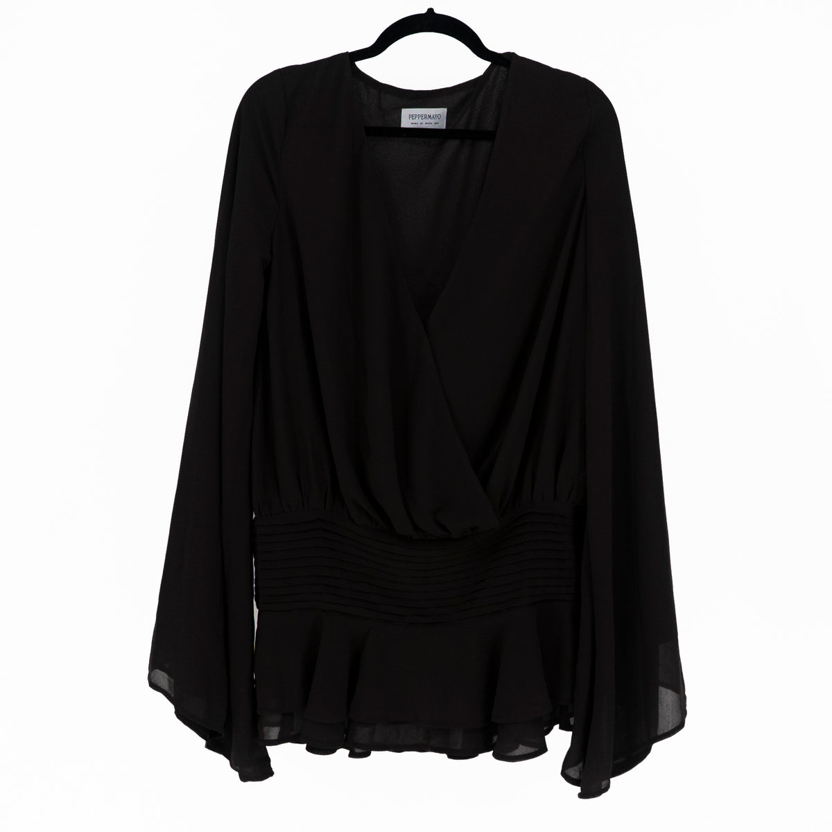 Peppermayo Chiffon Deep V Neck Faux Wrap Ruffle Long Sleeve Blouse Shirt Brown 2