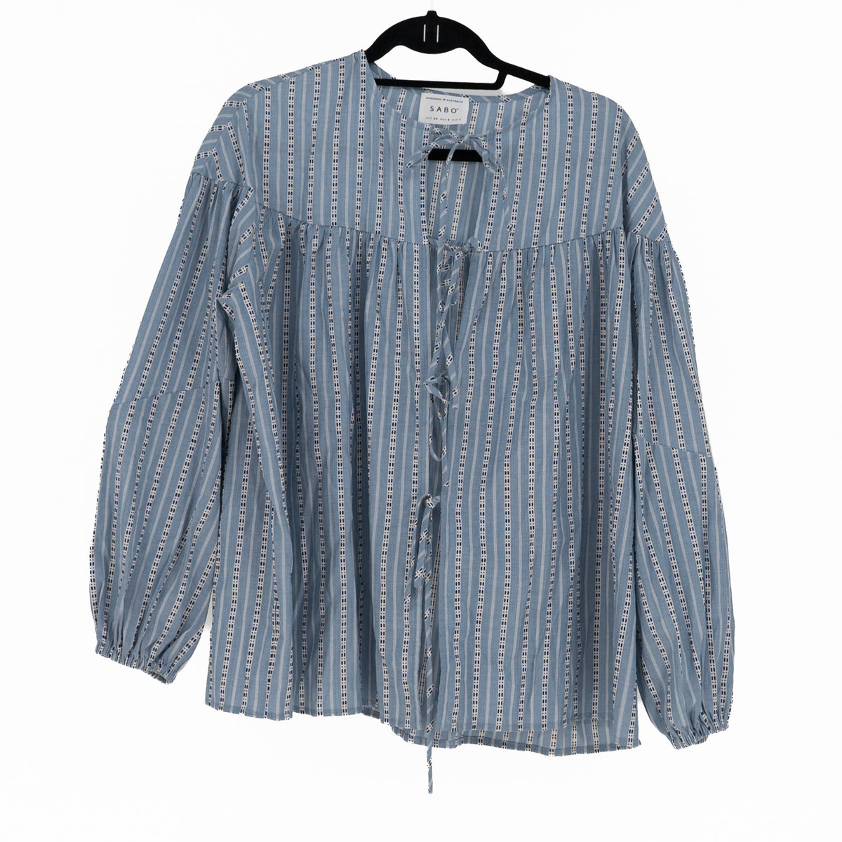 Sabo Cotton Blend Open Tie Front MicroPrint Long Sleeve Blouse Shirt Blue White