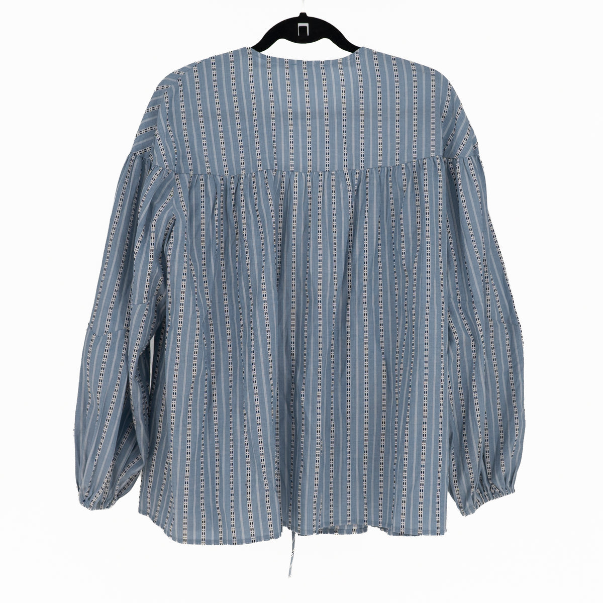 Sabo Cotton Blend Open Tie Front MicroPrint Long Sleeve Blouse Shirt Blue White