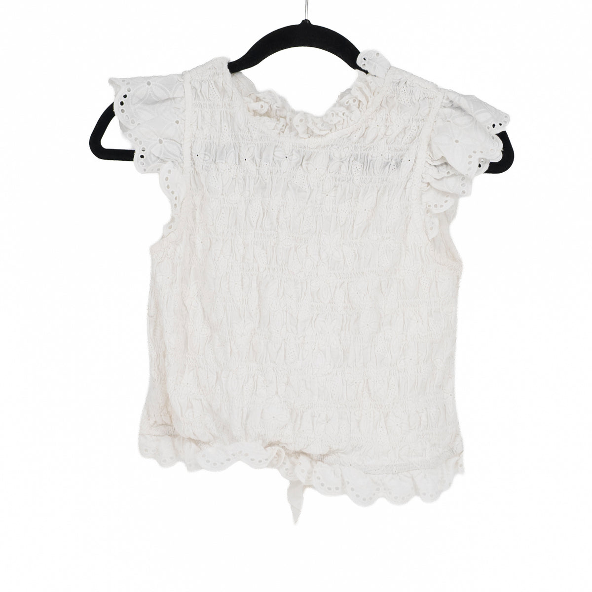 Sezane Cotton Smocked Stretch Eyelet Lace Ruffle Short Sleeve Blouse White
