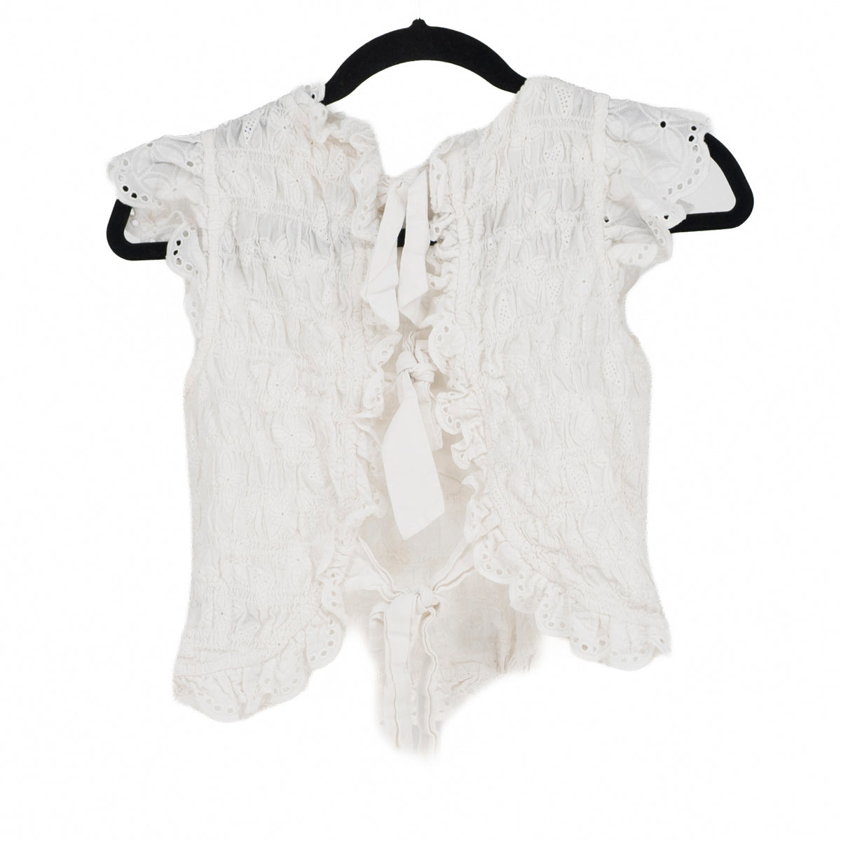 Sezane Cotton Smocked Stretch Eyelet Lace Ruffle Short Sleeve Blouse White