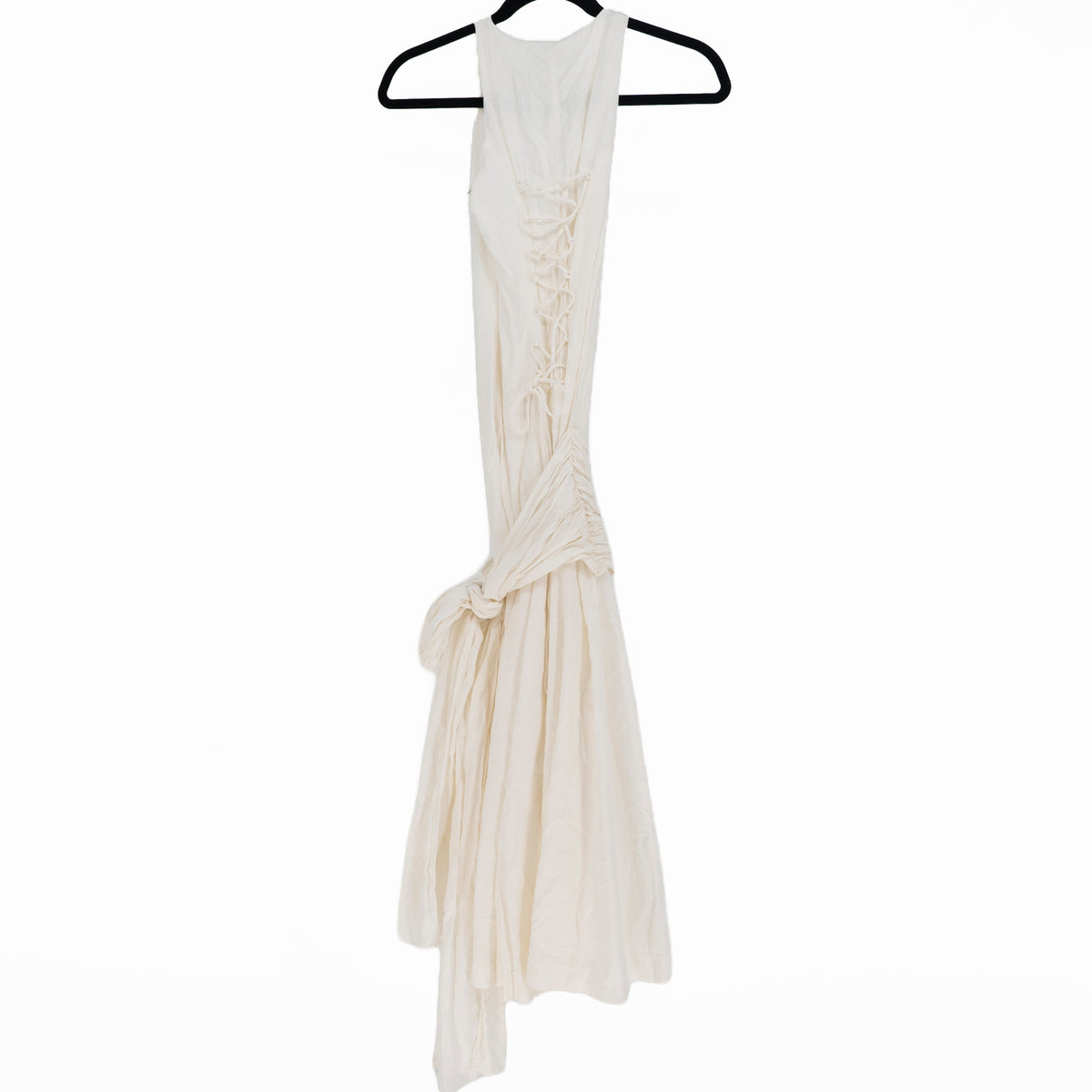 Guizio Victoire Linen Key Hole Tie Wrap Waist Midi Swing Dress Ivory XS