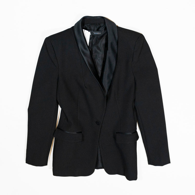 NEW Zara Satin Trim Solid Black One Button Structured Blazer Jacket Small