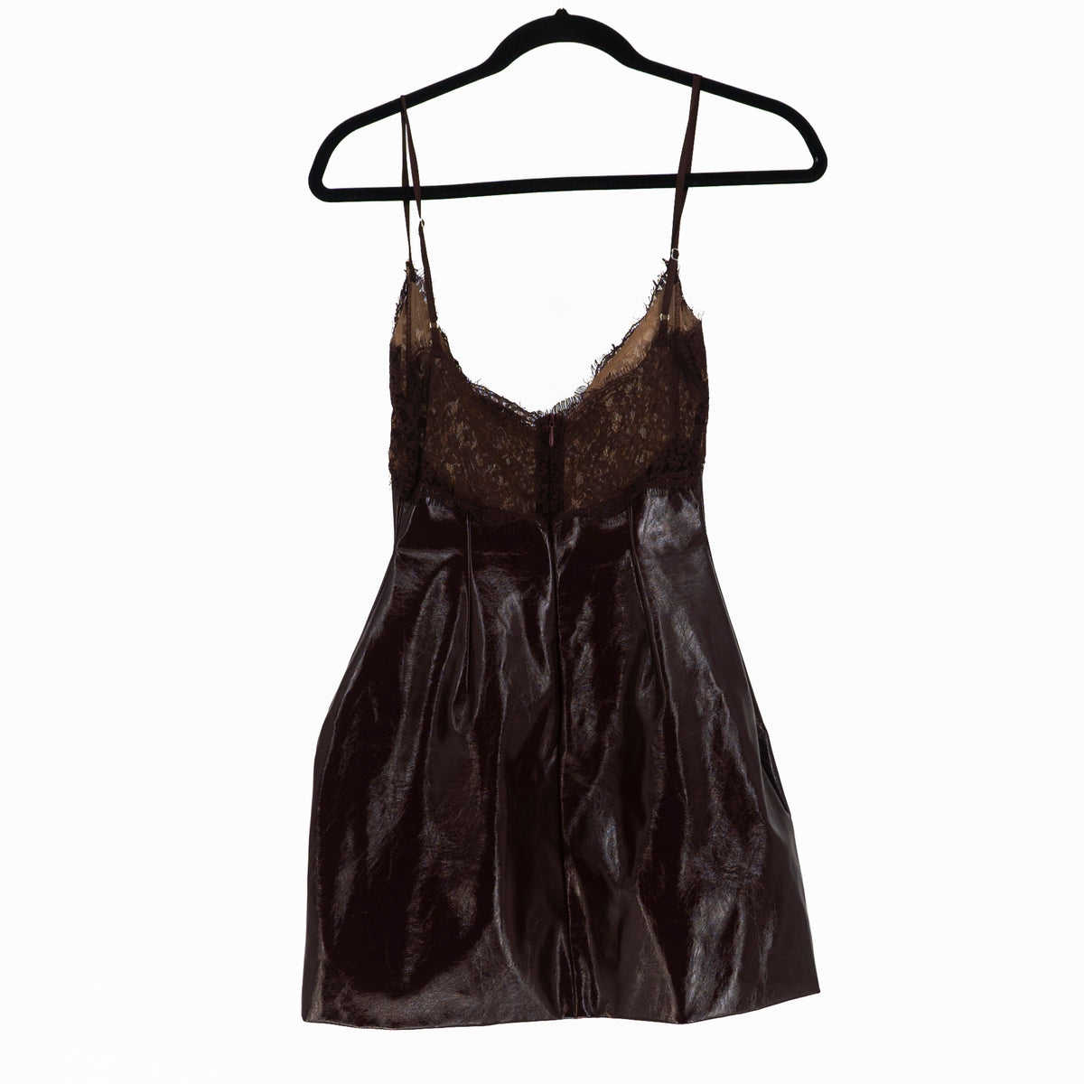 Miss Circle Shelby Faux Vegan Patent Leather Lace Trim Mini Dress Burgandy XXS