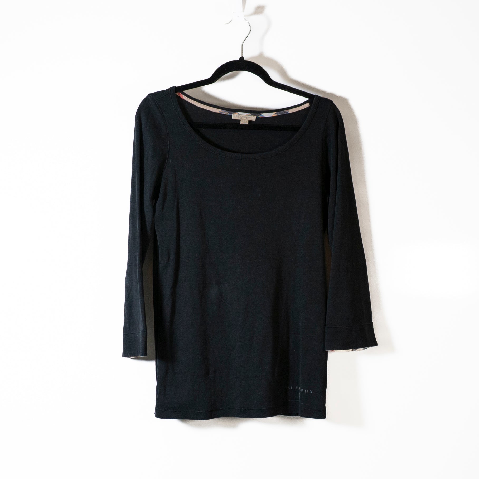 Burberry Brit Women's Cotton Quarter Length Sleeve Scoop Neck Tee Shirt Black L