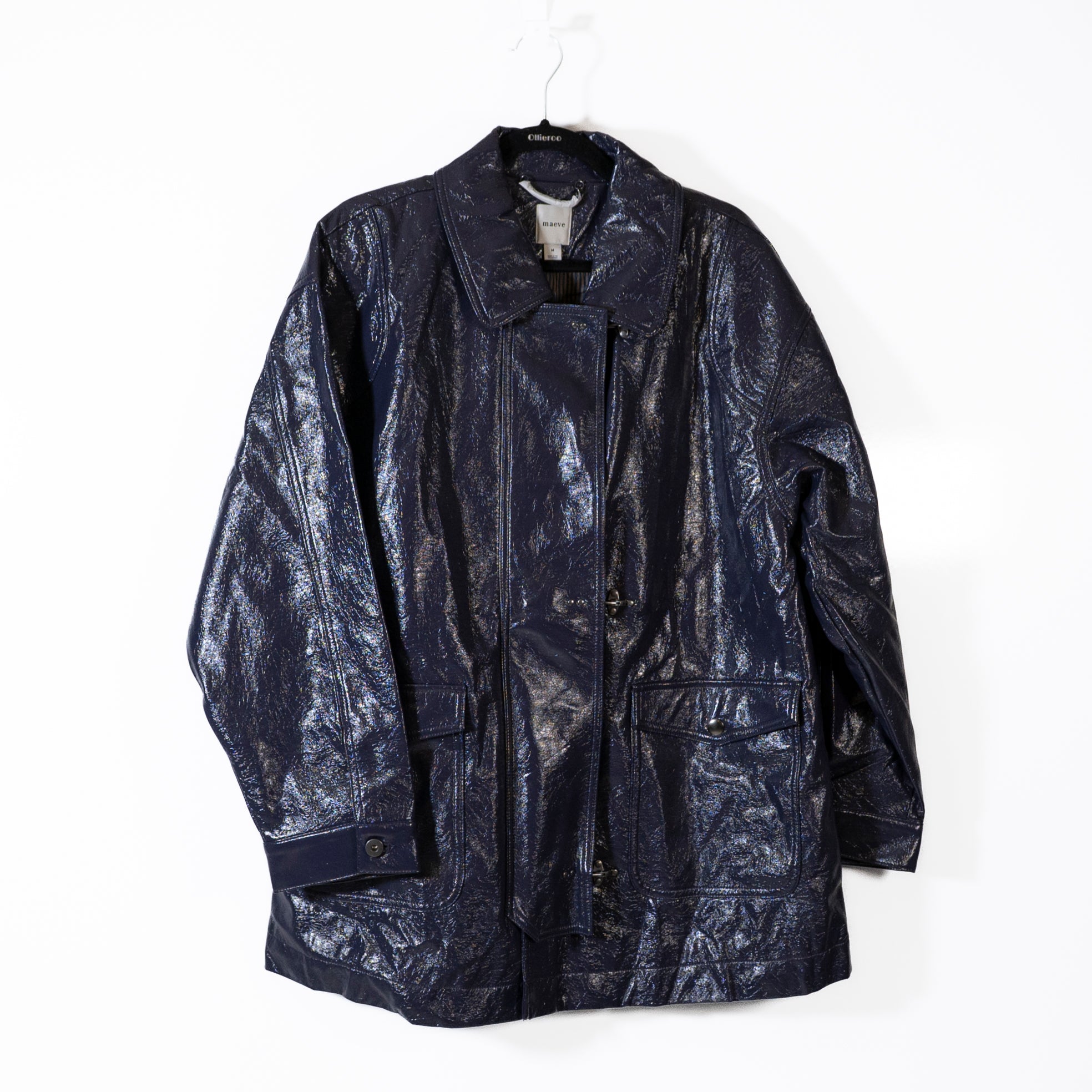 NEW Maeve Anthropologie Faux Patent Leather Caraber Waterproof Jacket Nightfall