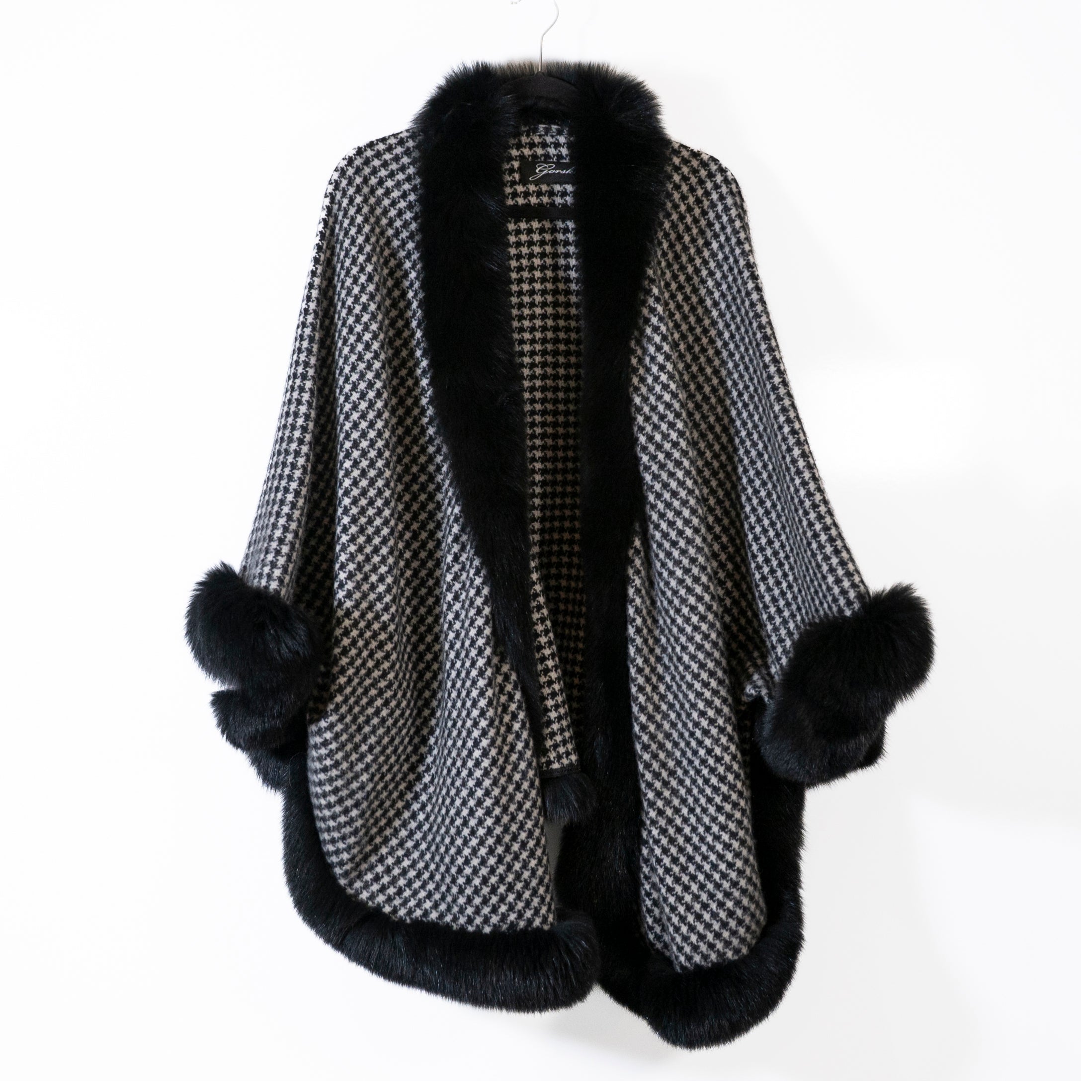 Gorski 100% Cashmere Knit Genuine Fox Fur Trim Cape Wrap Sweater Houndstooth&nbsp;