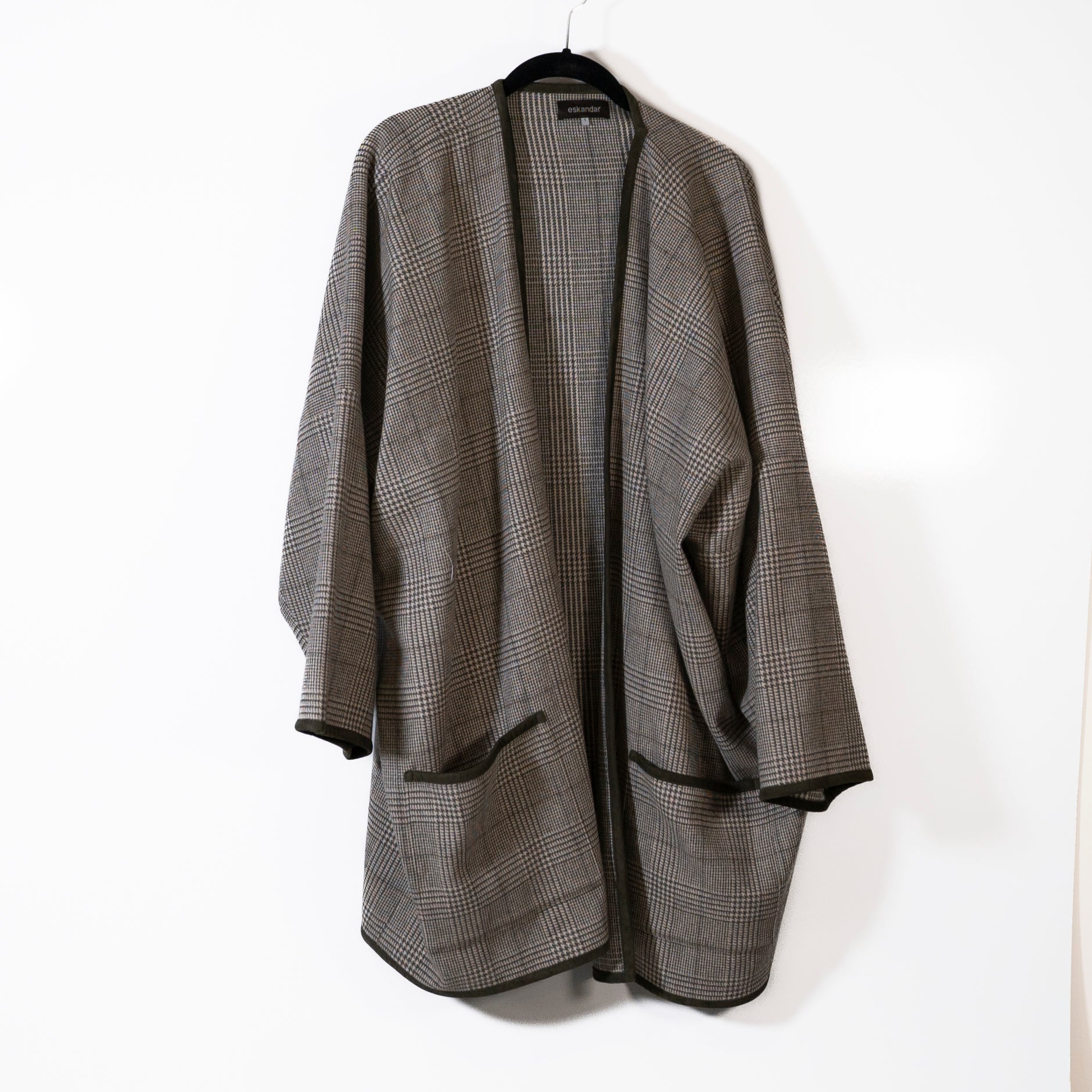 Eskandar Wool Angora Cashmere Leather Trim Open Front Cardigan Sweater Check
