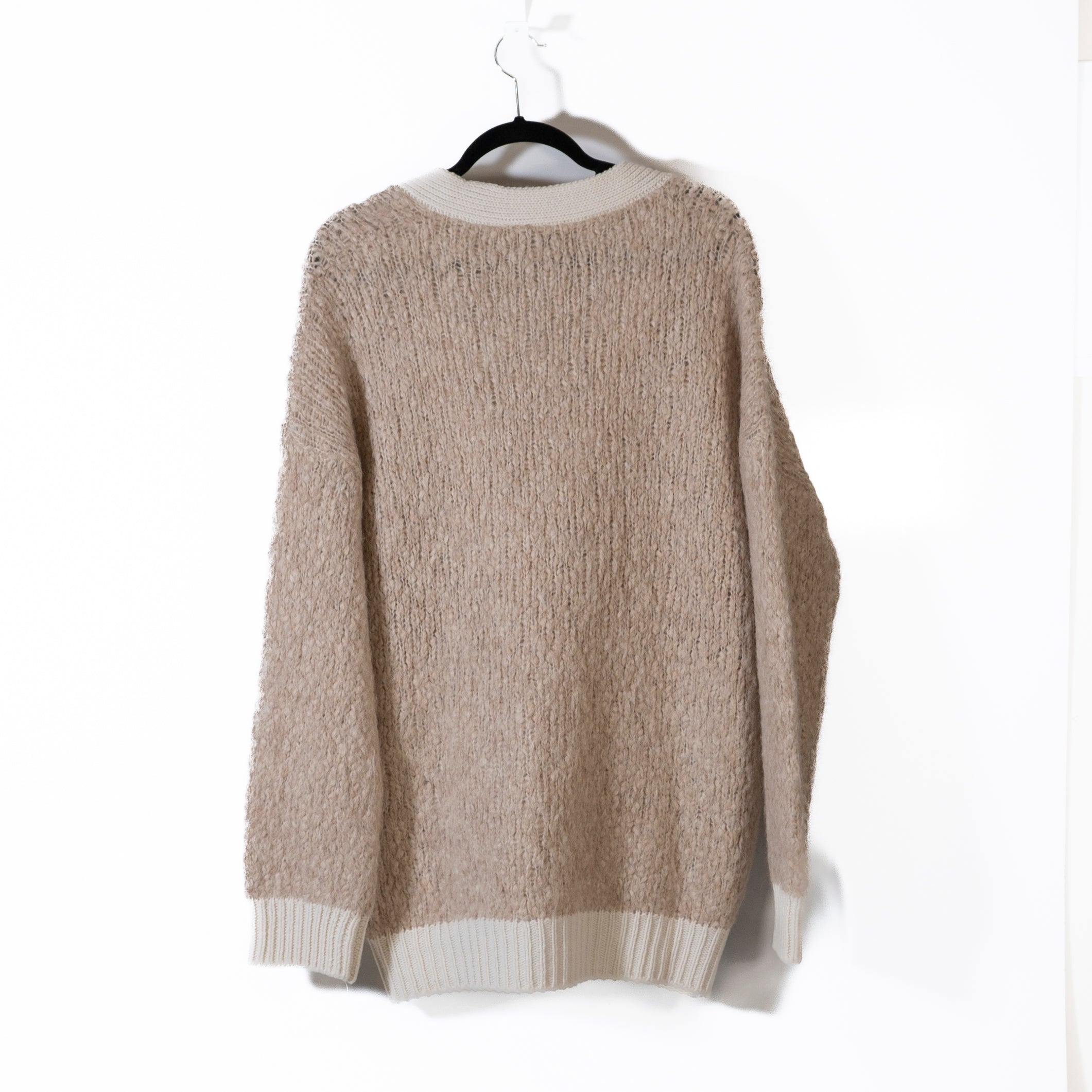 Naadam Wool Alpaca Fuzzy Knit Stretch Button Front Cardigan Sweater Beige Tan L