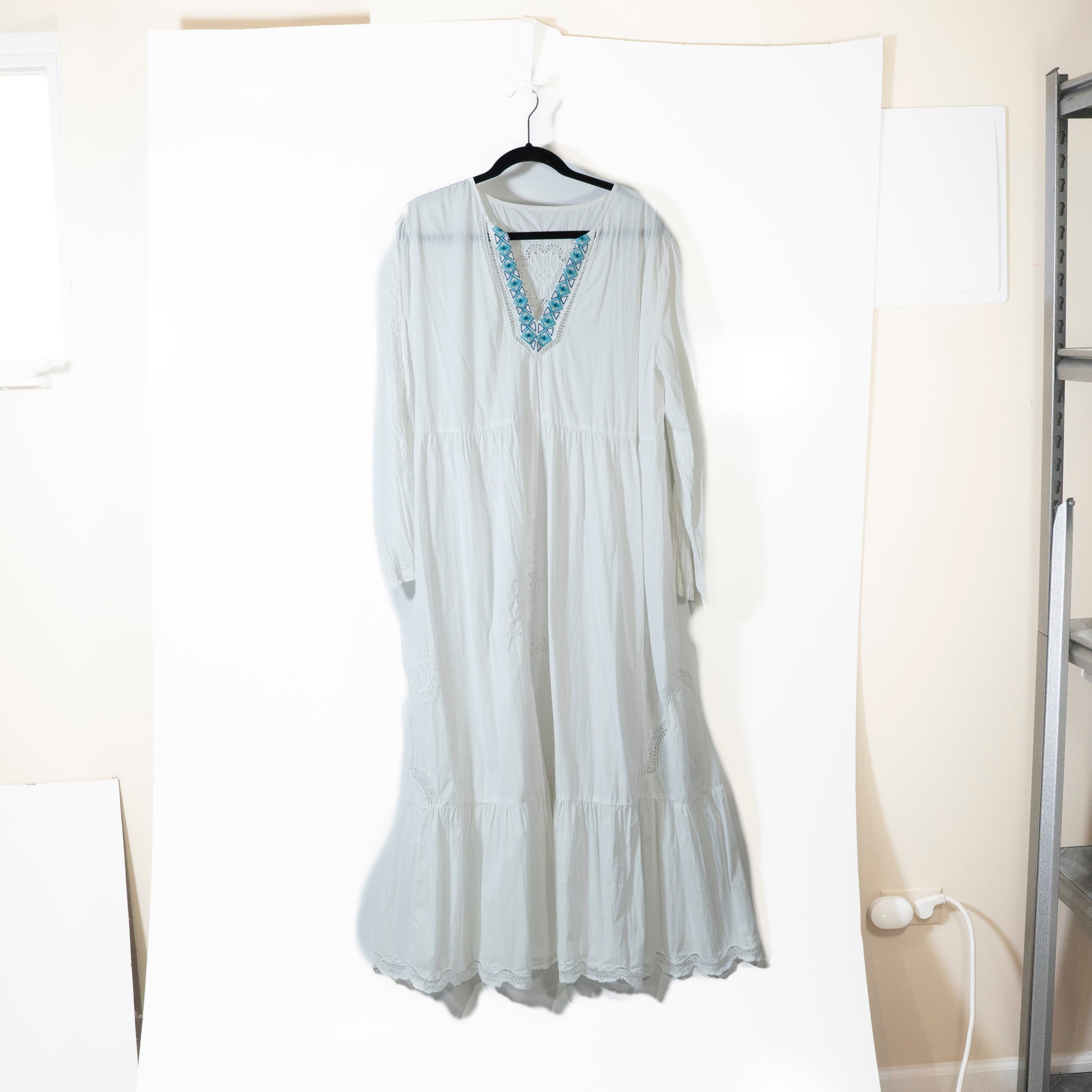 Johnny Was Cotton Blend Embroidered V Neck Collar Tiered Maxi Dress White Large